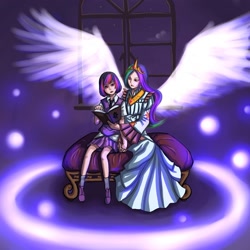 Size: 1500x1500 | Tagged: dead source, safe, artist:ninjaham, imported from derpibooru, princess celestia, twilight sparkle, human, acdsee, alternate hairstyle, book, clothes, dress, duo, duo female, female, humanized, night, short hair, sitting, skirt, winged humanization, wings