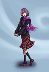 Size: 1000x1450 | Tagged: dead source, safe, artist:ninjaham, imported from derpibooru, twilight sparkle, human, abstract background, acdsee, clothes, female, humanized, scarf, skirt, solo