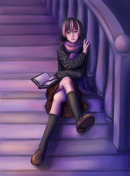 Size: 1275x1725 | Tagged: dead source, safe, artist:ninjaham, imported from derpibooru, twilight sparkle, human, acdsee, book, clothes, female, humanized, looking at you, scarf, sitting, skirt, solo, stairs