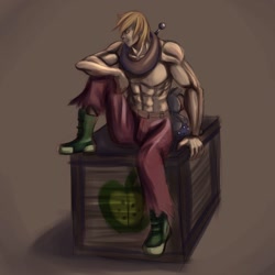 Size: 1500x1500 | Tagged: dead source, safe, artist:ninjaham, imported from derpibooru, big macintosh, human, acdsee, clothes, crate, humanized, male, muscles, muscular male, partial nudity, solo, topless