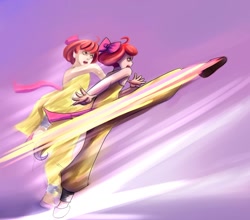 Size: 1500x1321 | Tagged: dead source, safe, artist:ninjaham, imported from derpibooru, apple bloom, human, acdsee, female, humanized, kick, kung fu, motion blur, solo