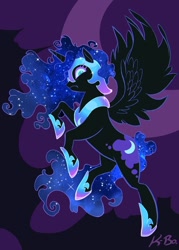 Size: 600x840 | Tagged: safe, artist:kevinbolk, imported from derpibooru, nightmare moon, alicorn, pony, abstract background, action pose, ethereal mane, female, hoof shoes, mare, moon, photoshop, rearing, solo, starry mane