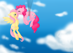 Size: 1260x920 | Tagged: safe, artist:sorckylo, imported from derpibooru, fluttershy, pinkie pie, earth pony, pegasus, pony, balloon, cloud, female, floating, flutterpie, flying, lesbian, mare, shipping, sky, then watch her balloons lift her up to the sky