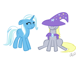 Size: 800x600 | Tagged: safe, artist:krellyan, imported from derpibooru, derpy hooves, trixie, pegasus, pony, unicorn, eyes closed, female, floppy ears, happy, hat, mare, photoshop, simple background, white background