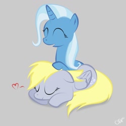 Size: 1000x1000 | Tagged: safe, artist:krellyan, imported from derpibooru, derpy hooves, trixie, pegasus, pony, unicorn, eyes closed, female, happy, heart, lesbian, mare, photoshop, rarepair, shipping, simple background, sleeping, tripy