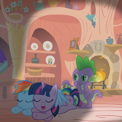 Size: 3285x3285 | Tagged: safe, artist:somepony, imported from derpibooru, rainbow dash, spike, twilight sparkle, dragon, pegasus, pony, unicorn, blanket, cuddling, cute, female, fireplace, golden oaks library, high res, hnnng, hug, lesbian, lesbian in front of boys, male, mare, photoshop, shipping, sleeping, snuggling, twidash, winghug