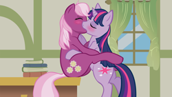 Size: 5000x2813 | Tagged: safe, artist:crookedtrees, artist:somepony, imported from derpibooru, cheerilee, twilight sparkle, earth pony, pony, unicorn, blushing, book, butt, cheerilight, duo, duo female, female, kiss on the lips, kissing, lesbian, love, mare, photoshop, plot, ponyville schoolhouse, school, shipping, table, unicorn twilight