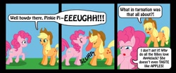 Size: 1200x500 | Tagged: dead source, safe, artist:atlur, deleted from derpibooru, imported from derpibooru, applejack, pinkie pie, earth pony, pony, applepie, comic, face licking, female, lesbian, licking, mare, photoshop, shipping