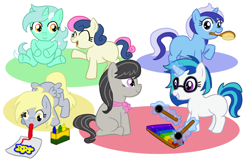 Size: 1000x668 | Tagged: dead source, safe, artist:atlur, deleted from derpibooru, imported from derpibooru, bon bon, derpy hooves, dj pon-3, lyra heartstrings, minuette, octavia melody, sweetie drops, vinyl scratch, earth pony, pegasus, pony, unicorn, background pony, brush, female, filly, foal, mouth hold, photoshop, younger