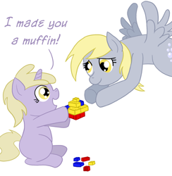 Size: 800x821 | Tagged: dead source, safe, artist:atlur, deleted from derpibooru, imported from derpibooru, derpy hooves, dinky hooves, pegasus, pony, unicorn, equestria's best daughter, female, filly, lego, mare, muffin, newbie artist training grounds, photoshop, simple background, white background