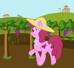 Size: 800x729 | Tagged: dead source, safe, artist:atlur, deleted from derpibooru, imported from derpibooru, berry punch, berryshine, earth pony, pony, farm, female, france, grapes, hat, mare, newbie artist training grounds, photoshop, sober berry punch, solo