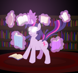 Size: 900x838 | Tagged: dead source, safe, artist:atlur, deleted from derpibooru, imported from derpibooru, twilight sparkle, pony, unicorn, book, bookshelf, female, glowing eyes, glowing horn, library, magic, mare, newbie artist training grounds, photoshop, solo, telekinesis, unicorn twilight