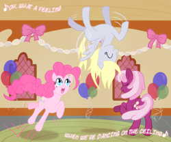 Size: 900x749 | Tagged: dead source, safe, artist:atlur, deleted from derpibooru, imported from derpibooru, cheerilee, derpy hooves, pinkie pie, earth pony, pegasus, pony, 80s, balloon, dancing, dancing on the ceiling, female, lionel richie, mare, photoshop, song reference, trio, trio female