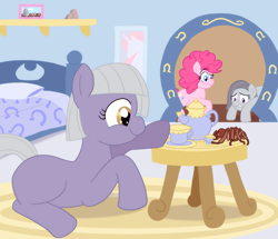 Size: 1000x858 | Tagged: dead source, safe, artist:atlur, deleted from derpibooru, imported from derpibooru, limestone pie, marble pie, pinkie pie, earth pony, pony, spider, cup, family, female, filly, foal, mare, photoshop, pie sisters, prone, rock farm, smiling, tea, tea party, teacup, when she smiles