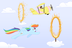 Size: 1200x800 | Tagged: dead source, safe, artist:atlur, deleted from derpibooru, imported from derpibooru, fluttershy, rainbow dash, pegasus, pony, aircraft, biplane, cloud, female, fire, flying, mare, photoshop, plane, request, ring of fire, sky