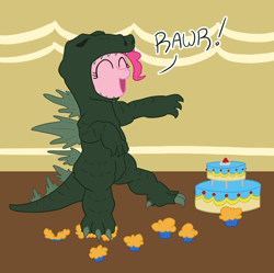 Size: 800x796 | Tagged: dead source, safe, artist:atlur, deleted from derpibooru, imported from derpibooru, pinkie pie, earth pony, kaiju, pony, cake, clothes, costume, crossover, eyes closed, female, godzilla, godzilla (series), kigurumi, mare, muffin, photoshop, playing, request, solo