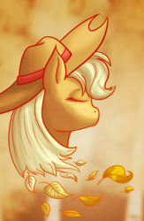 Size: 600x920 | Tagged: dead source, safe, artist:atlur, deleted from derpibooru, imported from derpibooru, applejack, earth pony, pony, autumn, autumn leaves, bust, eyes closed, female, mare, photoshop, portrait, profile, solo