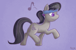 Size: 800x528 | Tagged: dead source, safe, artist:atlur, deleted from derpibooru, imported from derpibooru, octavia melody, earth pony, pony, colored pupils, exercise, female, happy, headband, mare, music, music notes, photoshop, purple background, simple background, solo