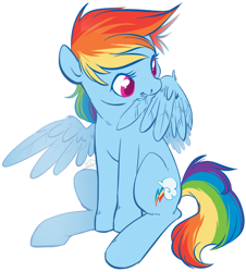 Size: 638x705 | Tagged: dead source, safe, artist:clovercoin, imported from derpibooru, rainbow dash, pegasus, pony, biting, cute, dashabetes, female, mare, preening, simple background, sitting, solo, white background, wing bite