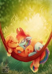 Size: 700x991 | Tagged: safe, artist:sharley, artist:sharley102, imported from derpibooru, applejack, rainbow dash, earth pony, pegasus, pony, accessory swap, appledash, cottagecore, cuddling, cute, female, grass, hammock, lesbian, mare, photoshop, shipping, sleeping, tails tangle