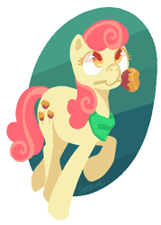 Size: 396x554 | Tagged: safe, artist:steeve, imported from derpibooru, apple bumpkin, earth pony, pony, abstract background, adobe imageready, apple family member, bandana, caramel apple (food), female, mare, mouth hold, simple background, solo, transparent background