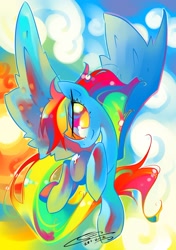 Size: 1000x1417 | Tagged: safe, artist:iopichio, imported from derpibooru, rainbow dash, pegasus, pony, color porn, eyestrain warning, female, flying, mare, photoshop, solo