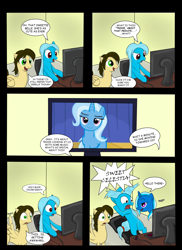 Size: 2550x3509 | Tagged: dead source, safe, artist:reikomuffin, imported from derpibooru, trixie, oc, oc:unknown, unnamed oc, pony, unicorn, comic, computer, female, fourth wall, hello there, high res, mare, photoshop, scared, surprised, wingboner