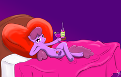 Size: 3174x2000 | Tagged: dead source, safe, artist:reikomuffin, imported from derpibooru, berry punch, berryshine, earth pony, pony, alcohol, anatomically incorrect, bed, crossed legs, female, high res, looking at you, mare, on back, solo, wine