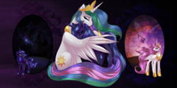 Size: 2000x1000 | Tagged: dead source, safe, artist:rizcifra, imported from derpibooru, princess celestia, princess luna, alicorn, pony, friendship is magic, adobe imageready, cosmic love, cute, cutelestia, duality, duo, duo female, eyes closed, feels, female, first princess celestia picture, floral, florence and the machine, frown, g4, hug, looking up, lunabetes, mare, royal sisters, s1 luna, sad, sadlestia, sadorable, sibling love, siblings, sisterly love, sisters, sitting, song reference, song reference at source, spread wings, window, winghug