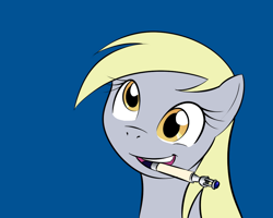 Size: 1000x800 | Tagged: safe, artist:kloudmutt, artist:pacce, imported from derpibooru, derpy hooves, pegasus, pony, blue background, bust, crossover, cute, derpabetes, doctor who, female, first crossover picture on derpibooru, g4, mare, misleading thumbnail, mouth hold, open mouth, paint tool sai, portrait, silly, silly pony, simple background, smiling, solo, sonic screwdriver, tenth doctor