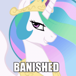 Size: 800x800 | Tagged: source needed, safe, artist:166, artist:megasweet, imported from derpibooru, princess celestia, alicorn, pony, 42, artifact, ban, banished, banishment, blue background, caption, female, g4, get, gif, grin, image macro, index get, lidded eyes, mare, meme, non-animated gif, show accurate, simple background, smiling, solo, spread wings, text, trollestia