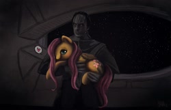 Size: 1300x839 | Tagged: dead source, safe, artist:cosmicunicorn, imported from derpibooru, fluttershy, pegasus, pony, blushing, cardassian, crossover, deep space nine, disturbing, ds9, duo, female, g4, get, gul dukat, hair over one eye, heart, holding a pony, looking at you, mare, signature, space, star trek, star trek: deep space nine