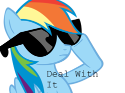 Size: 651x481 | Tagged: artist needed, source needed, safe, imported from derpibooru, rainbow dash, pegasus, pony, artifact, caption, cooler, deal with it, female, first deal with it image on derpibooru, image macro, mare, meme, show accurate, simple background, solo, sunglasses, text, white background