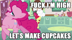 Size: 500x281 | Tagged: safe, edit, edited screencap, imported from derpibooru, screencap, apple bloom, pinkie pie, earth pony, pony, call of the cutie, season 1, apple bloom's bow, artifact, baking, bow, caption, chef's hat, cupcake, cupcake song, drugs, duo, duo female, faic, female, filly, fuck i'm high, g4, great moments in animation, hair bow, hat, high, image macro, jumping, junkie pie, mare, meme, silly, silly pony, text, vulgar