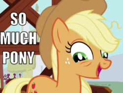 Size: 480x360 | Tagged: safe, edit, edited screencap, imported from derpibooru, screencap, applejack, earth pony, pony, applebuck season, animated, applejack's hat, artifact, caption, cowboy hat, derp, english, female, gif, hat, image macro, insanity, it begins, mare, meme, reaction image, repdigit milestone, silly, silly pony, snapplejack, so much pony, solo, text, who's a silly pony