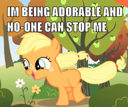 Size: 579x483 | Tagged: safe, edit, edited screencap, imported from derpibooru, screencap, applejack, earth pony, pony, season 1, the cutie mark chronicles, and nopony can stop me, apple, blank flank, caption, cute, female, filly, flower, food, happy, hat, i'm being adorable and no one can stop me!, image macro, jackabetes, mare, meme, open mouth, running, smiling, solo, text, windswept mane, younger