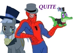 Size: 413x302 | Tagged: safe, artist:mogneciothebrave, imported from derpibooru, caesar, count caesar, gummy, alligator, crocodile, earth pony, human, pony, reptile, 60s spider-man, british, caption, clothes, crossover, dapper, hat, image macro, leaning, lidded eyes, male, marvel comics, meme, monocle, peter parker, quite, random, simple background, smiling, spider-man, stallion, tally ho! a rainbow!, text, top hat, trio, tuxedo, wat, white background