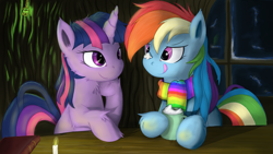 Size: 2621x1476 | Tagged: dead source, safe, artist:grumblepluck, imported from derpibooru, rainbow dash, twilight sparkle, pegasus, pony, unicorn, candle, chest fluff, clothes, cute, dashabetes, duo, female, golden oaks library, hot chocolate, lesbian, library, mare, photoshop, scarf, shipping, tongue out, treat on nose, twiabetes, twidash, unicorn twilight, wallpaper