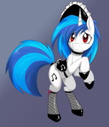 Size: 1257x1455 | Tagged: dead source, safe, artist:grumblepluck, imported from derpibooru, dj pon-3, vinyl scratch, pony, unicorn, adorasexy, choker, clothes, cute, female, fishnets, gradient background, hat, latex, maid, mare, rearing, red eyes, saddle, sexy, smiling, socks, solo, stockings, stupid sexy vinyl, sweet dreams fuel, tail wrap, thigh highs, vinylbetes, wrong eye color