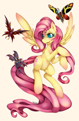 Size: 647x1000 | Tagged: source needed, safe, artist:slugbox, imported from derpibooru, fluttershy, butterfly, kaiju, pegasus, pony, battra, blushing, colored pupils, crossover, cute, featureless crotch, female, flying, g4, godzilla (series), mare, megaguirus, mothra, open mouth, photoshop, shyabetes, signature, simple background, smiling, solo, spread wings, yellow background