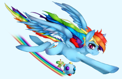 Size: 1000x647 | Tagged: source needed, safe, artist:slugbox, imported from derpibooru, rainbow dash, pegasus, pony, blue background, blushing, color porn, colored pupils, concave belly, crossover, cute, dashabetes, duo, eyestrain warning, female, flying, katamari damacy, looking down, mare, photoshop, prince, rainbow, repdigit milestone, rolling, signature, simple background, smiling, spread wings, underhoof, white background