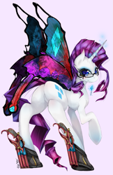 Size: 647x1000 | Tagged: safe, artist:slugbox, imported from derpibooru, rarity, pony, unicorn, bayonetta, bayonetta (character), butt, butterfly wings, candy, clothes, colored pupils, cosplay, costume, crossover, cute, dual pistols, elegant, eyelashes, eyestrain warning, featureless crotch, female, food, glasses, glowing horn, gun, horn, levitation, lollipop, looking at you, looking back, magic, mare, photoshop, pink background, pistol, plot, purple background, raised hoof, raribetes, rarinetta, rearity, shoes, signature, simple background, smiling, solo, telekinesis, wings