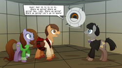Size: 900x506 | Tagged: safe, artist:lissystrata, imported from derpibooru, doctor whooves, time turner, oc, earth pony, pony, robot, crossover, dialogue, doctor who, female, jamie mccrimmon, male, mare, patrick troughton, personality core, ponified, portal (valve), second doctor, show accurate, signature, space core, stallion, the doctor, trio, victoria waterfield
