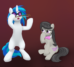 Size: 1100x1000 | Tagged: dead source, safe, artist:sonicrainboom93, imported from derpibooru, dj pon-3, octavia melody, vinyl scratch, earth pony, pony, unicorn, bipedal, blushing, bow (instrument), bowtie, comedy, duo, duo female, featureless crotch, female, giggles, glasses, gradient background, mare, standing