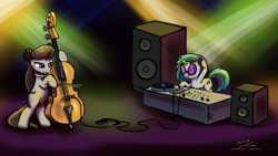 Size: 1920x1080 | Tagged: safe, artist:esuka, imported from derpibooru, dj pon-3, octavia melody, vinyl scratch, earth pony, pony, unicorn, bipedal, bowtie, cello, duo, duo female, female, glasses, hilarious in hindsight, mare, music, musical instrument, photoshop, standing, wallpaper