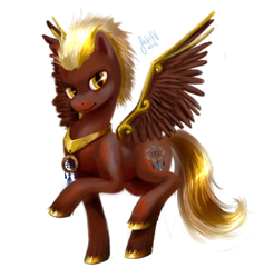 Size: 893x941 | Tagged: safe, artist:enigmatia, imported from derpibooru, oc, oc only, oc:dream weaver, pegasus, pony, commission, dreamcatcher, looking at you, male, necklace, raised hoof, raised leg, signature, simple background, smiling, smirk, solo, spread wings, stallion, transparent background