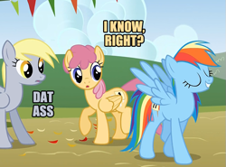 Size: 675x500 | Tagged: safe, edit, edited screencap, imported from derpibooru, screencap, derpy hooves, dizzy twister, orange swirl, rainbow dash, pegasus, pony, fall weather friends, season 1, background pony, dat ass, dat butt, female, folded wings, mare, meme, raised hoof, raised leg, spread wings, strutting, trio, trio female, underp, vulgar, wings, wrong eye color