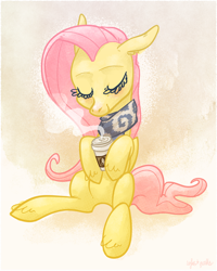 Size: 800x1002 | Tagged: safe, artist:ponyshot, deleted from derpibooru, imported from derpibooru, fluttershy, clothes, coffee, coffee cup, cup, drink, eyes closed, scarf, solo, steam, unshorn fetlocks