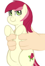 Size: 664x952 | Tagged: safe, artist:elslowmo, artist:redintravenous, imported from derpibooru, roseluck, human, pony, :t, chubby, cute, frown, glare, hand, holding a pony, looking at you, pouting, rosabetes