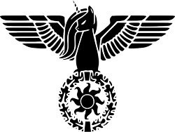 Size: 740x556 | Tagged: safe, artist:fiarel, edit, imported from derpibooru, princess celestia, 1000 years in photoshop, bad edit, emblem, fascism, nazi, reichsadler, reichsalicorn, tyrant celestia